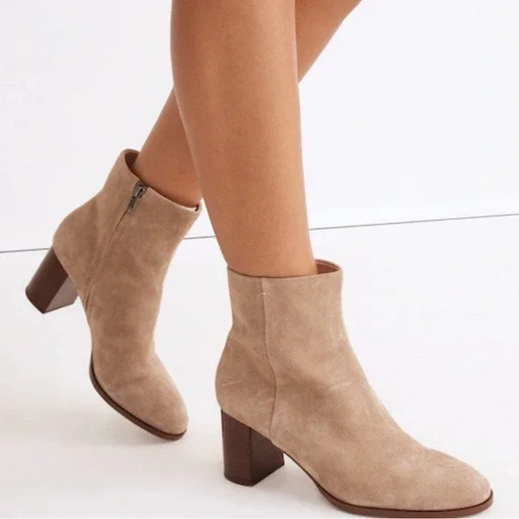 Madewell Women's Suede Ankle Boots, Side Zip, Stacked Heel, Neutral Tan Size 12 - Picture 2 of 16